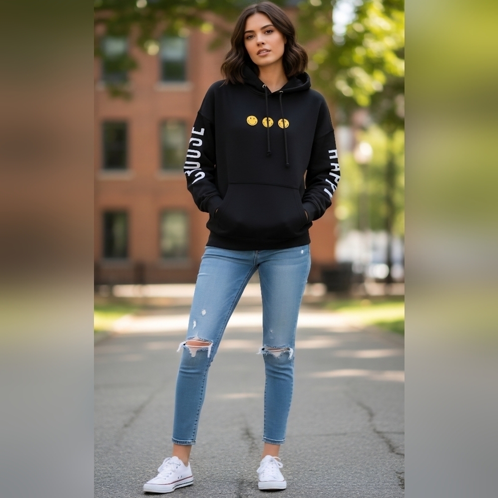 Trendy Black Hoodie with embroidered smiling faces.